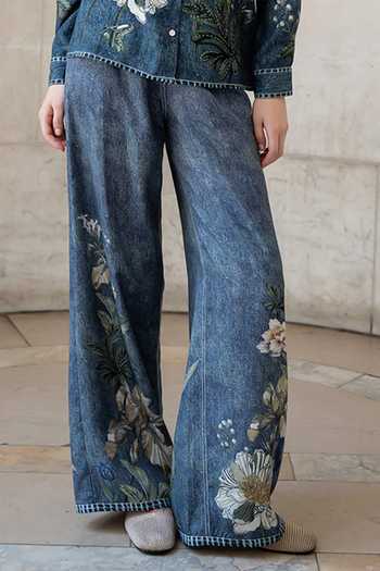 Ranna Gill_Blue Tencel, Twill Collared Neck Abby Flower Print Shirt And Pant Set _at_Aza_Fashions
