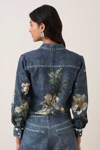 Ranna Gill_Blue Tencel, Twill Collared Neck Abby Flower Print Shirt And Pant Set _Online_at_Aza_Fashions