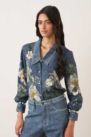 Buy_Ranna Gill_Blue Tencel, Twill Collared Neck Abby Flower Print Shirt And Pant Set 
