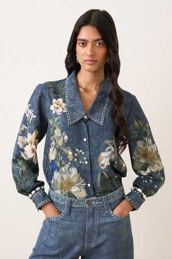 Shop_Ranna Gill_Blue Tencel, Twill Collared Neck Abby Flower Print Shirt And Pant Set 