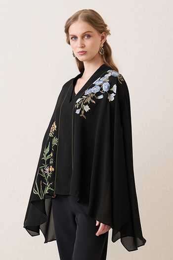 Shop_Ranna Gill_Black Georgette, Polyester V-neck Lina Cape Top _Online_at_Aza_Fashions
