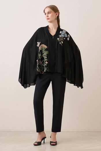 Ranna Gill_Black Georgette, Polyester V-neck Lina Cape Top _at_Aza_Fashions