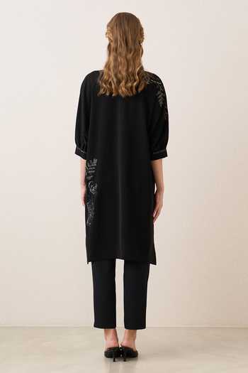 Shop_Ranna Gill_Black Crepe, Polyester Mandarin Collar Zuri Embellished Tunic _at_Aza_Fashions