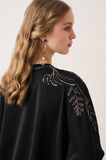 Buy_Ranna Gill_Black Crepe, Polyester Mandarin Collar Zuri Embellished Tunic _Online_at_Aza_Fashions