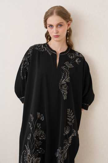 Shop_Ranna Gill_Black Crepe, Polyester Mandarin Collar Zuri Embellished Tunic _Online_at_Aza_Fashions