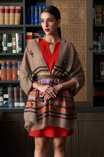 Buy_Mauli Cashmere_Brown Tricky Toucans Embroidered Stole _at_Aza_Fashions