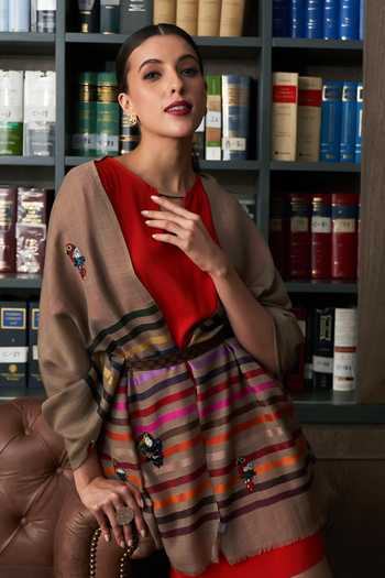 Shop_Mauli Cashmere_Brown Tricky Toucans Embroidered Stole _at_Aza_Fashions