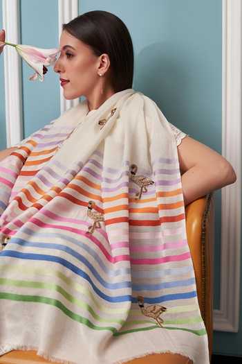 Shop_Mauli Cashmere_Ivory Flamingo Style Embroidered Stole _at_Aza_Fashions