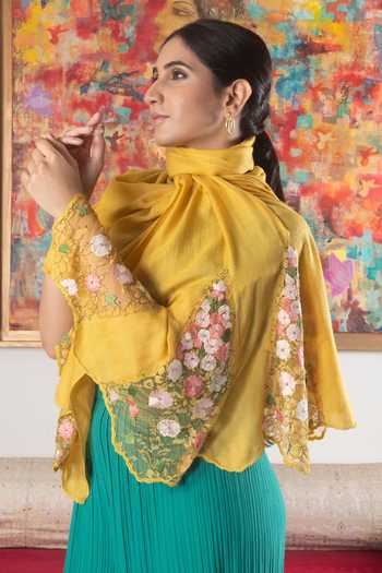 Shop_Mauli Cashmere_Yellow Cherry Blossom Flounce Embroidered Stole _at_Aza_Fashions