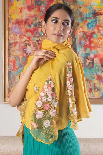 Mauli Cashmere_Yellow Cherry Blossom Flounce Embroidered Stole _Online_at_Aza_Fashions