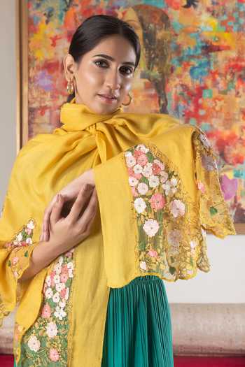 Buy_Mauli Cashmere_Yellow Cherry Blossom Flounce Embroidered Stole _Online_at_Aza_Fashions