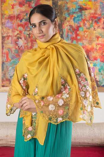 Buy_Mauli Cashmere_Yellow Cherry Blossom Flounce Embroidered Stole _at_Aza_Fashions