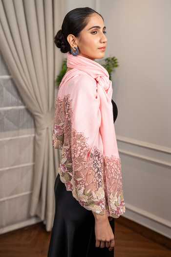 Mauli Cashmere_Peach English Daisy Embroidered Stole _Online_at_Aza_Fashions