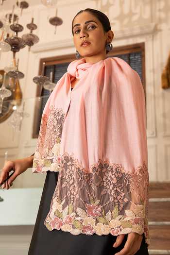 Buy_Mauli Cashmere_Peach English Daisy Embroidered Stole _at_Aza_Fashions