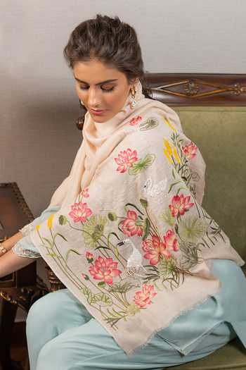 Shop_Mauli Cashmere_Beige Sacred Lotus And Swan Embroidered Stole _at_Aza_Fashions