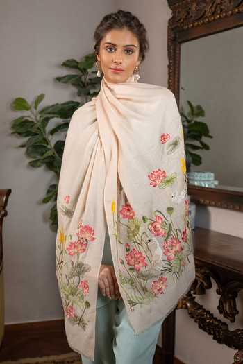 Buy_Mauli Cashmere_Beige Sacred Lotus And Swan Embroidered Stole _at_Aza_Fashions