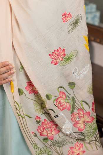 Mauli Cashmere_Beige Sacred Lotus And Swan Embroidered Stole _Online_at_Aza_Fashions