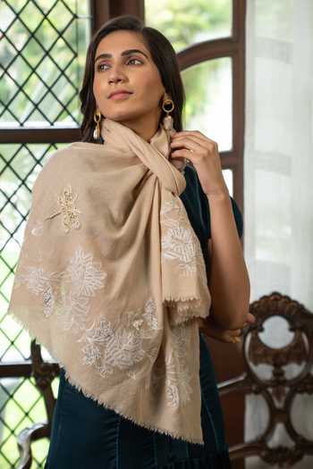 Buy_Mauli Cashmere_Beige The Gilded Dragonfly Embroidered Stole _at_Aza_Fashions