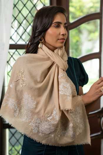 Mauli Cashmere_Beige The Gilded Dragonfly Embroidered Stole _Online_at_Aza_Fashions