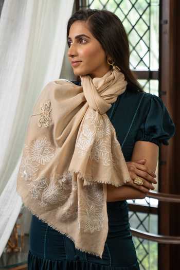 Shop_Mauli Cashmere_Beige The Gilded Dragonfly Embroidered Stole _at_Aza_Fashions