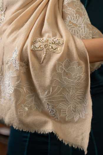 Buy_Mauli Cashmere_Beige The Gilded Dragonfly Embroidered Stole _Online_at_Aza_Fashions
