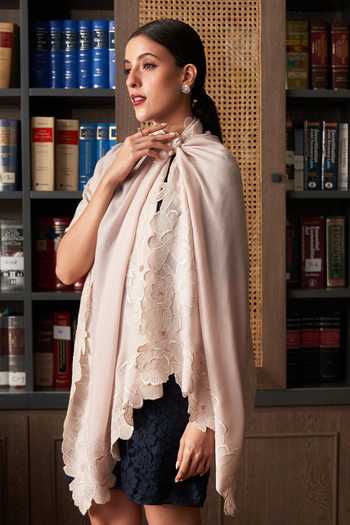 Shop_Mauli Cashmere_Beige Magnificent Magnolia Embroidered Stole _at_Aza_Fashions
