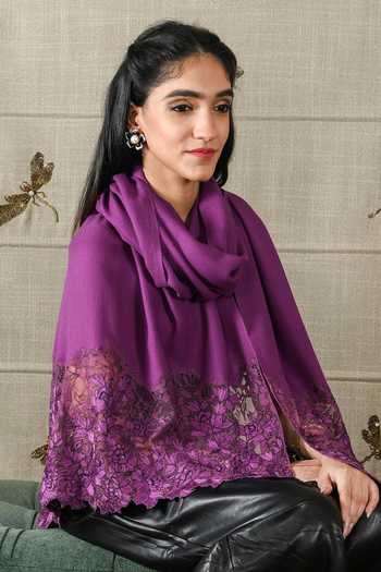 Mauli Cashmere_Purple A Rose Filigree Embroidered Stole _Online_at_Aza_Fashions