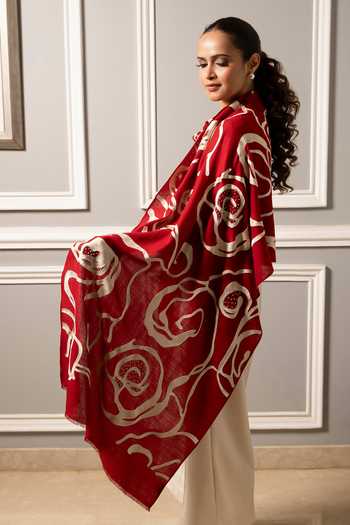 Mauli Cashmere_Red Abstract Rose Embroidered Stole _Online_at_Aza_Fashions