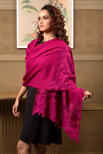 Shop_Mauli Cashmere_Purple Peony Dream Embroidered Stole _at_Aza_Fashions