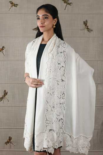 Buy_Mauli Cashmere_Ivory The Timeless Symphony Embroidered Stole _Online_at_Aza_Fashions