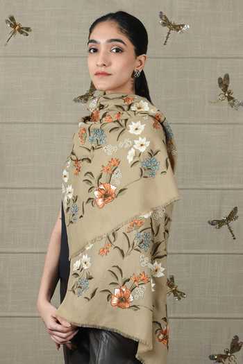 Shop_Mauli Cashmere_Beige Vintage Botanical Embroidered Stole _at_Aza_Fashions