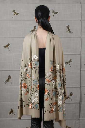 Mauli Cashmere_Beige Vintage Botanical Embroidered Stole _Online_at_Aza_Fashions