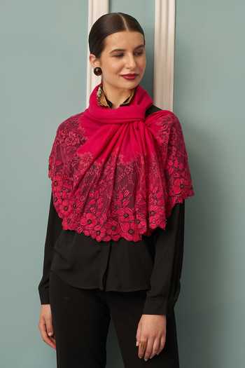 Buy_Mauli Cashmere_Pink Floral Inset Embroidered Stole _at_Aza_Fashions