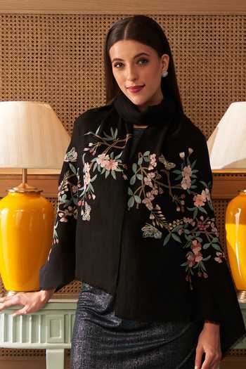 Shop_Mauli Cashmere_Black A Garden Diary Embroidered Stole _at_Aza_Fashions