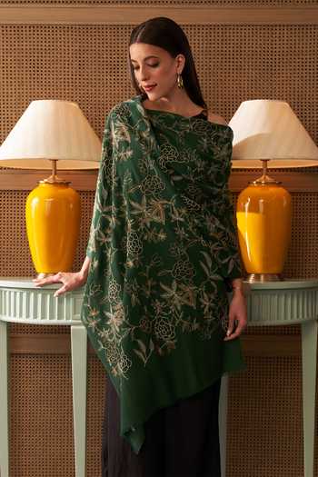 Buy_Mauli Cashmere_Emerald Green Golden Peony Embroidered Stole _at_Aza_Fashions