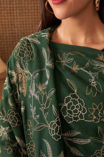 Buy_Mauli Cashmere_Emerald Green Golden Peony Embroidered Stole _Online_at_Aza_Fashions