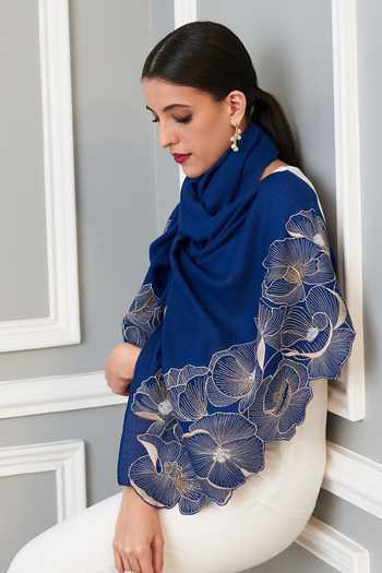Shop_Mauli Cashmere_Blue Poppy Affair Embroidered Stole _at_Aza_Fashions