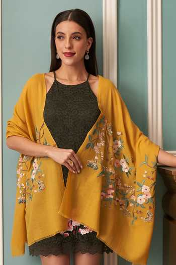 Buy_Mauli Cashmere_Yellow A Garden Diary Embroidered Stole _at_Aza_Fashions