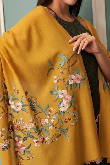 Shop_Mauli Cashmere_Yellow A Garden Diary Embroidered Stole _at_Aza_Fashions