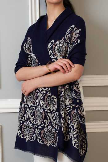Shop_Mauli Cashmere_Blue Floral Crest Embroidered Stole _at_Aza_Fashions