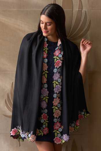 Shop_Mauli Cashmere_Black Floral Sprinkle Embroidered Stole _at_Aza_Fashions