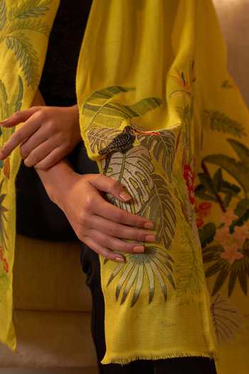 Mauli Cashmere_Yellow A Toucans Day Embroidered Stole _Online_at_Aza_Fashions