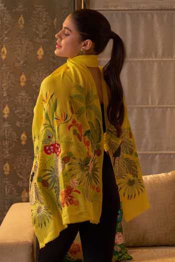 Buy_Mauli Cashmere_Yellow A Toucans Day Embroidered Stole _Online_at_Aza_Fashions