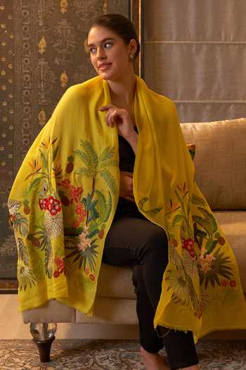Shop_Mauli Cashmere_Yellow A Toucans Day Embroidered Stole _at_Aza_Fashions