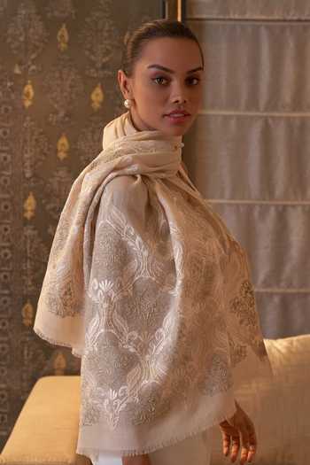 Mauli Cashmere_Beige Royal Crest Embroidered Stole _Online_at_Aza_Fashions