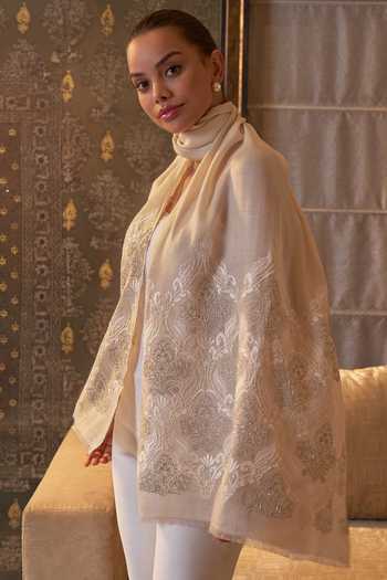 Shop_Mauli Cashmere_Beige Royal Crest Embroidered Stole _at_Aza_Fashions