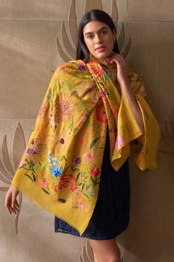Mauli Cashmere_Yellow Tropical Bloom Embroidered Stole _Online_at_Aza_Fashions