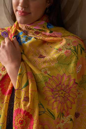 Buy_Mauli Cashmere_Yellow Tropical Bloom Embroidered Stole _Online_at_Aza_Fashions