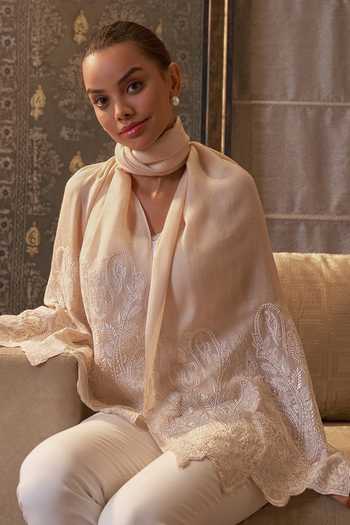 Shop_Mauli Cashmere_Ivory Paisley Crest Embroidered Stole _at_Aza_Fashions
