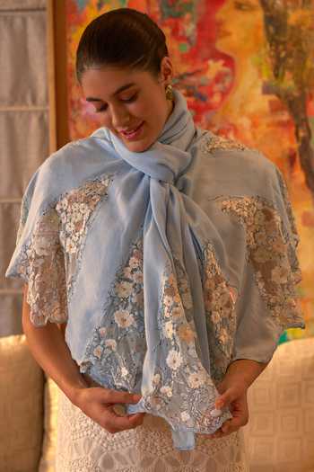 Buy_Mauli Cashmere_Blue Cherry Blossom Flounce Embroidered Stole _at_Aza_Fashions